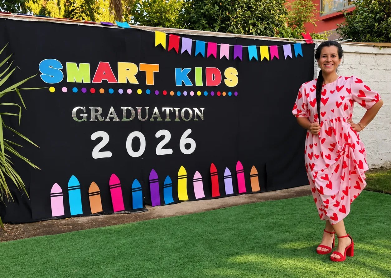 Miss Paula junto al telón de la graduación SmartKids 2026